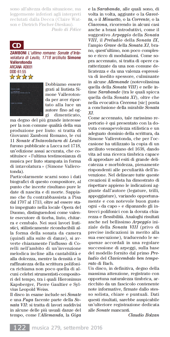 recensione pubblicata sulla rivista MUSICA - setembre 2016